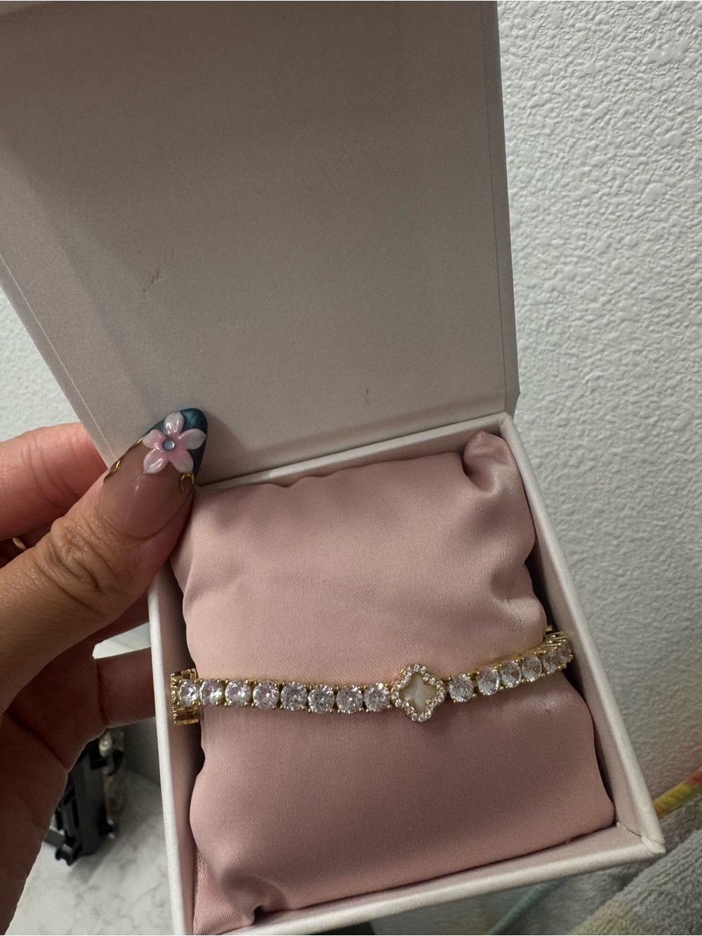 Gold Crystal Tennis Bracelet with Clover Accent - Pink